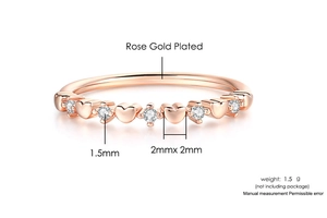 Rose gold heart ring detail with 1.5mm zircon measurements and product dimensions