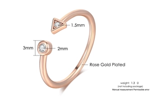 Detail of rose gold plated open ring with geometric zircon settings and size dimensions