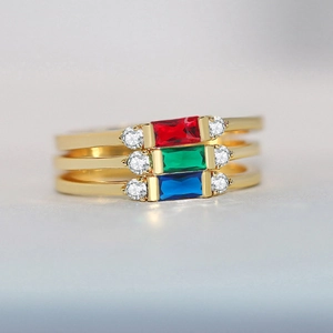 Set of three stackable 14K gold plated geometric rings with ruby, emerald and sapphire stones