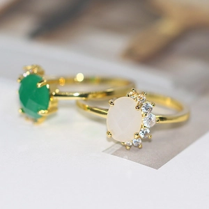 Ring-Set im japanischen Stil, 14k vergoldet mit grünem Zirkon und weißem Kristall