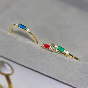 Classic 14K gold plated geometric ring set with blue, red, and emerald zircon stones