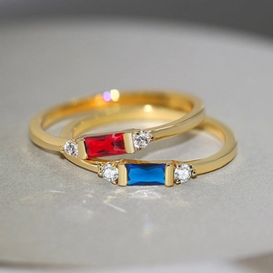 Classic 14K gold plated geometric rings set with red and blue zircon stones