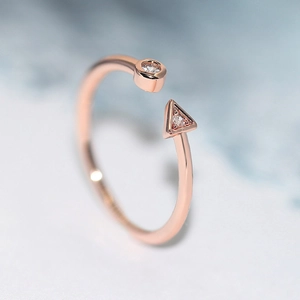 Minimalist geometric rose gold open ring with round and triangular zircon accents
