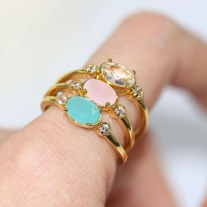 Elegant 14K Gold Plated Copper Ring For Women Oval Zirconia Three Stone Engagement Wedding Party Jewelry Finger Ring