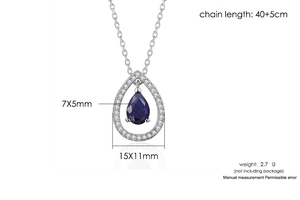 Dettaglio pendente a goccia con zircone blu, dimensioni e catena da 40+5cm