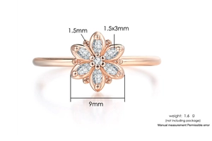 Macro detail of rose gold flower ring with marquise zircon stones and dimensions