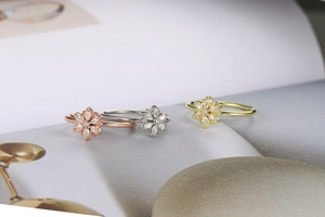Close-up of three delicate flower-shaped rings in rose gold, silver, and gold plating