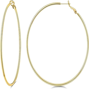Detail of polished gold hoop earrings with secure pin clasp and smooth metallic surface