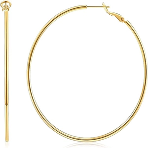 Macro view of polished large gold hoop earrings showing metallic mirror finish and clasp