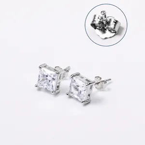 Detail of square zircon earrings with S925 sterling silver hallmark and secure butterfly back