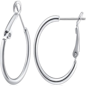 Close-up of polished silver hoop earrings with clasp closure on a white background