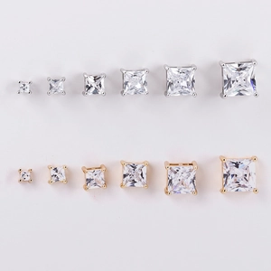 Detailed size comparison of square cubic zirconia stud earrings in gold and silver finishes