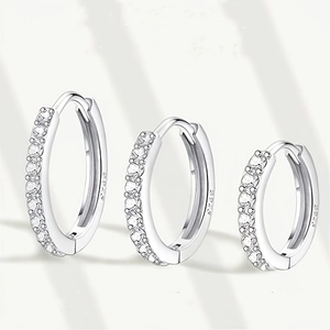 Three sizes of S925 sterling silver hoop earrings with sparkling cubic zirconia stones