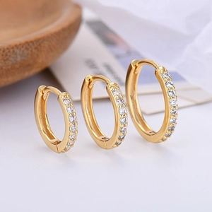 Three sizes of gold S925 sterling silver hoop earrings with sparkly cubic zirconia stones
