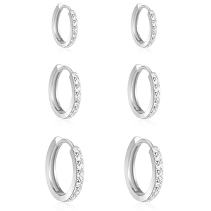 Three-pair set of silver round hoop earrings with micro-pave cubic zirconia in varied sizes