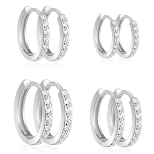 Classic silver-tone hoop earrings with micro-paved zircons in four assorted sizes