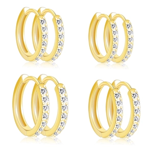 Detailed view of four pairs of gold-plated hoop earrings with micro-pave cubic zirconia