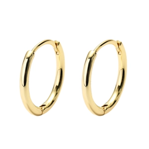 Minimalist high-polished golden hoop earrings with classic clasp on white background