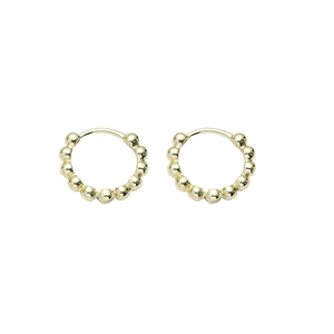 Polished gold beaded hoop earrings with a minimalist round ball texture and hidden clasp