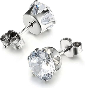 Detailed view of 925 silver stud earrings featuring 6-prong set round cubic zirconia