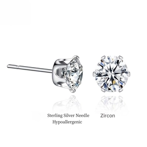Detail view of 925 sterling silver post earrings with hypoallergenic six-prong zircon