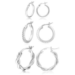 Detailed set of S925 sterling silver hoop earrings with plain, paved, and twisted designs