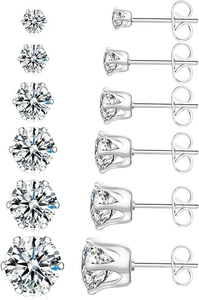 Set of 6 pairs of sparkling round cubic zirconia stud earrings in classic 6-prong silver setting