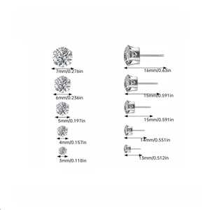 Size chart of silver stud earrings with round cubic zirconia from 3mm to 7mm