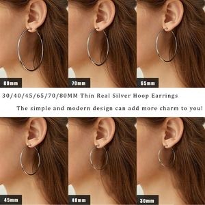 Detailed comparison of 30mm to 80mm real silver hoop earrings worn on female ear