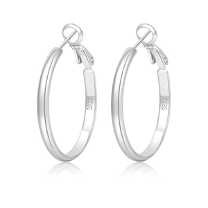 Polished S925 sterling silver hoop earrings with 3mm wide curved surface on white background