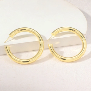 Minimalist chunky 925 silver needle hollow C-shaped gold hoop earrings with mirror finish