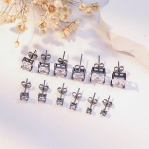 Black square cubic zirconia stud earring set with 6 sizes from 3mm to 8mm in 925 silver