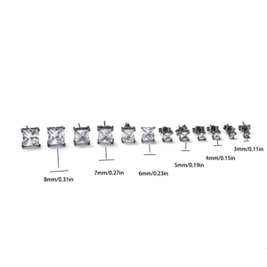 Size comparison chart for black square zircon stud earrings from 3mm to 8mm