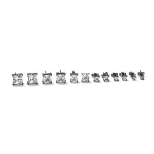 Set of 6 pairs square cubic zirconia stud earrings with black metal prong settings