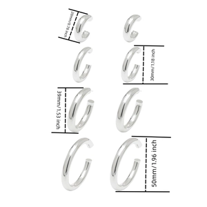 Polished silver C-shaped hoop earrings displayed in four sizes from 20mm to 50mm