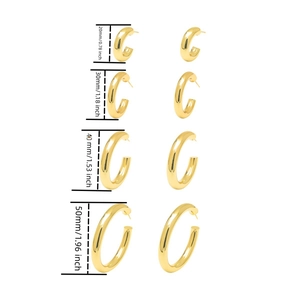 Size guide for gold C-shape hoop earrings set in 20mm, 30mm, 40mm, and 50mm diameters