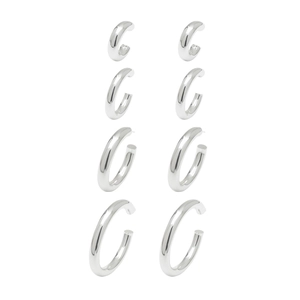 Polished silver 925 needle hollow C-shaped hoop earrings set in four graduated sizes