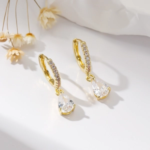 Elegant gold-plated hoop earrings with micro-pave stones and a large pear-cut zircon drop
