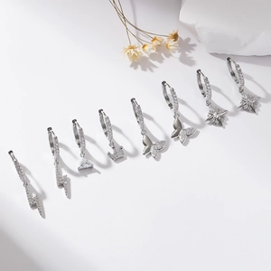 Trendy Copper Zirconia Dangle Hoop Earrings Silver Plated Butterfly Lightning Star Triangle Crown Earrings For Women Jewelry