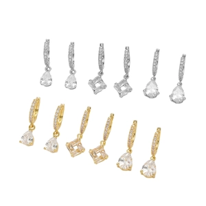 Copper hoop earring set with teardrop and emerald cut cubic zirconia pendants