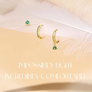Green zircon 925 silver needle earrings set with 14K gold plating on soft feathers