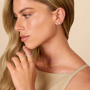Detail of 14K gold plated Hamsa hand earring and zircon ring set on a fashion model