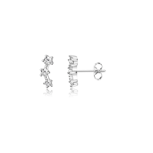 Detail view of silver S925 earrings with three curved white zircons and butterfly backs