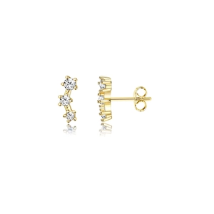Detailed view of gold S925 earrings featuring three curved cubic zirconia stones