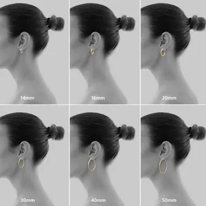 Gold plated hoop earrings size chart from 14mm to 50mm on female model in grey
