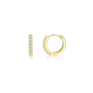 Detailed close-up of gold huggie earrings featuring a row of seven clear pavé zircon stones