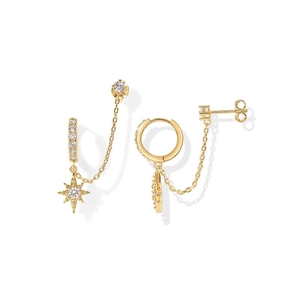 Detail of 14K gold plated sterling silver drop earring with sun pendant and zircon