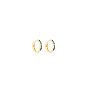 Close-up of gold-plated S925 silver huggie earrings with a row of green zircon stones