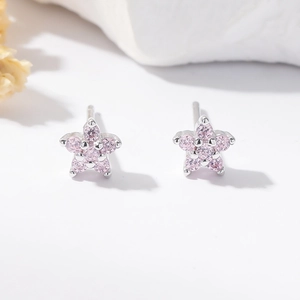 Macro detail of silver star stud earrings featuring six sparkling pink zircons