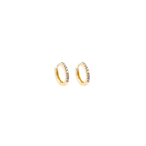 Pair of gold huggie hoop earrings featuring a row of vibrant multicolor micro-pave zircons